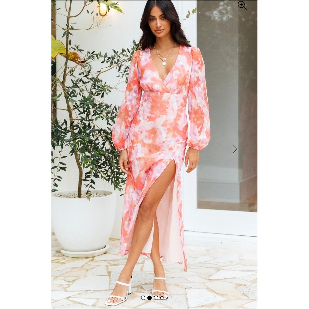 Hello Molly Floral Print Long Sleeve Wrap Maxi Dress Coral Pink Size S